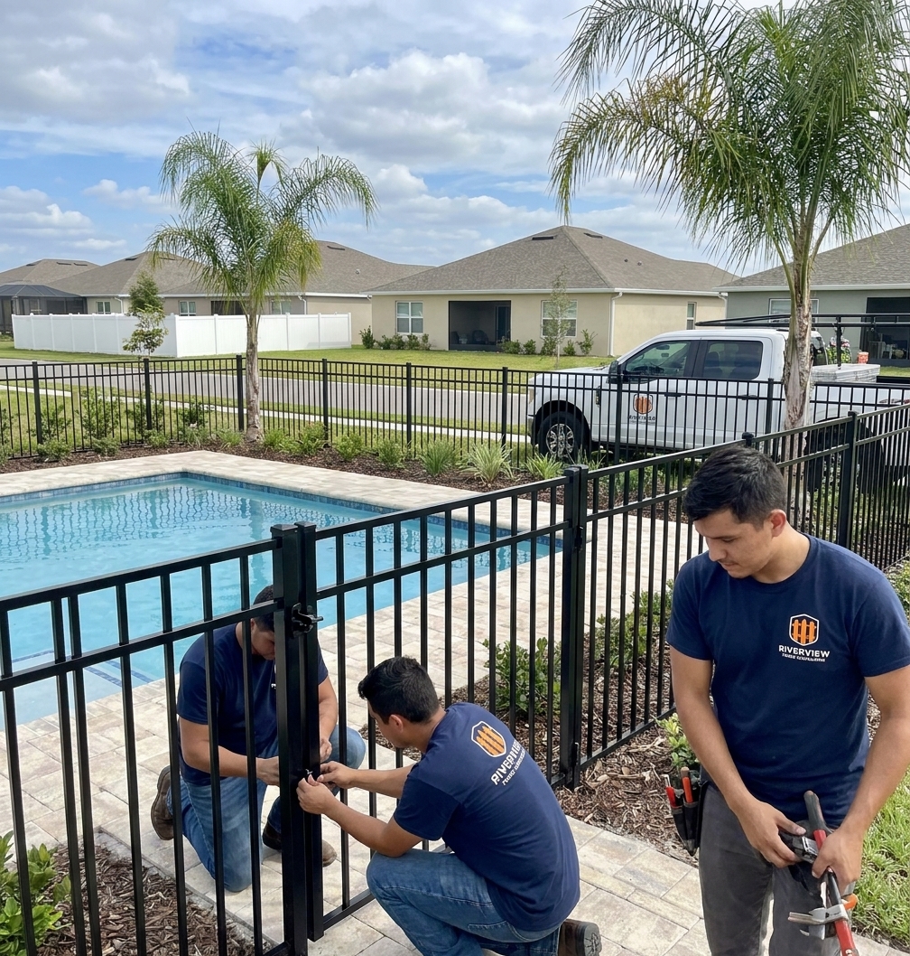 Black aluminum ornamental fence around a pool in Riverview Florida