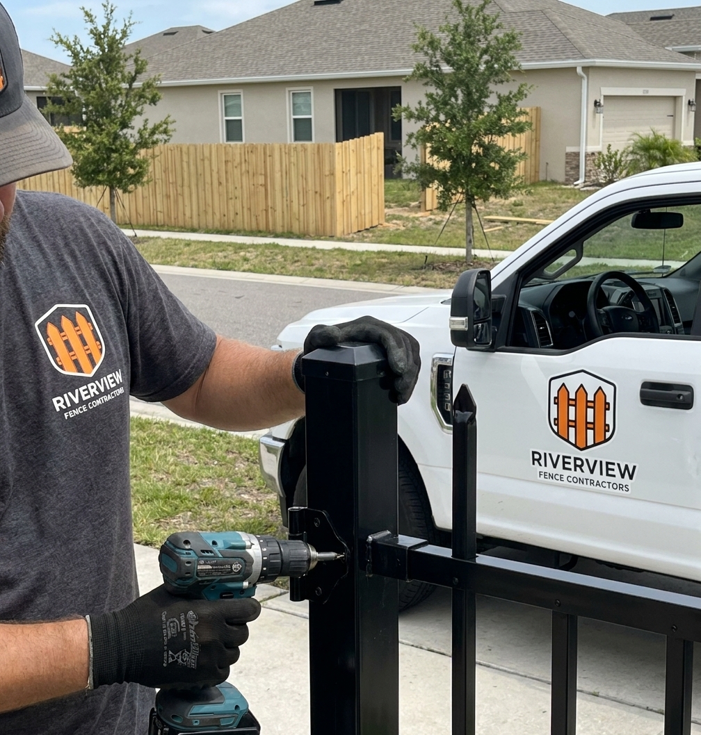 Riverview Fence Contractors branded work truck at a job site