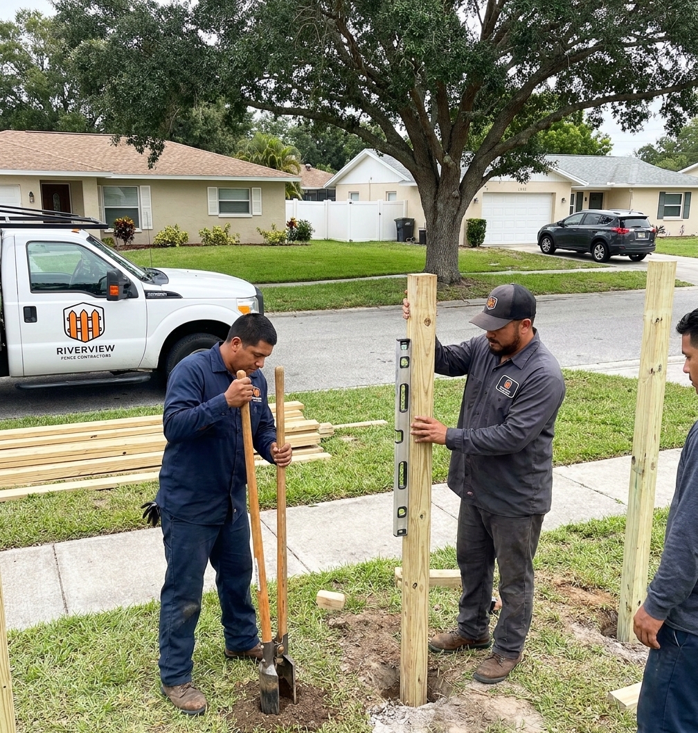 Riverview Fence Contractors crew setting fence posts