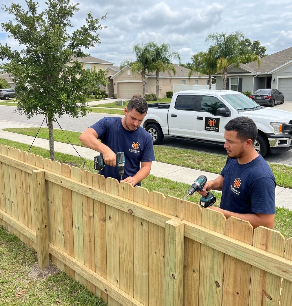 Fence repair crew replacing damaged wood fence panels in Riverview Florida