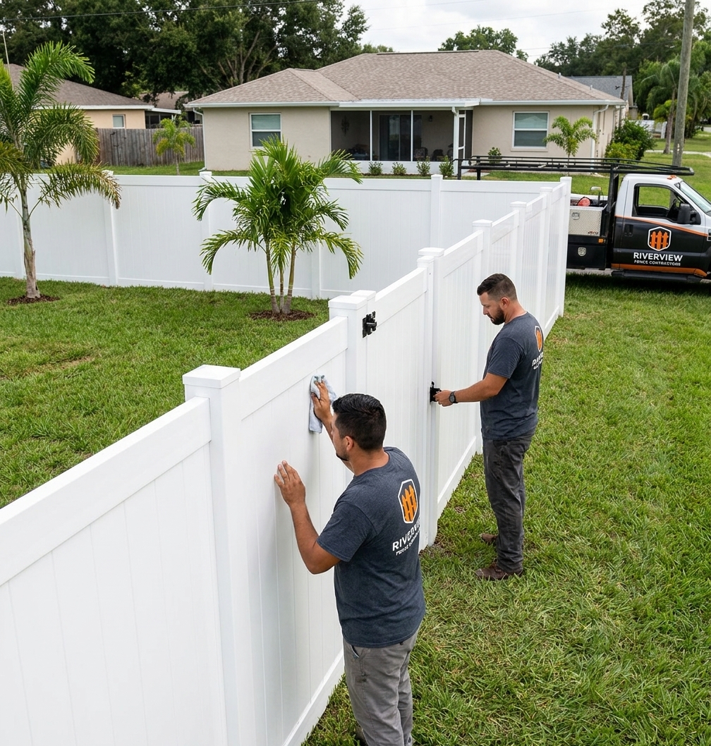 White vinyl privacy fence installed by Riverview Fence Contractors